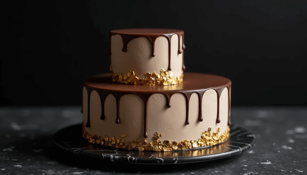Minimalist  "nude cake decoration ideas"  with chocolate ganache and gold leaf – elegant cake decoration.