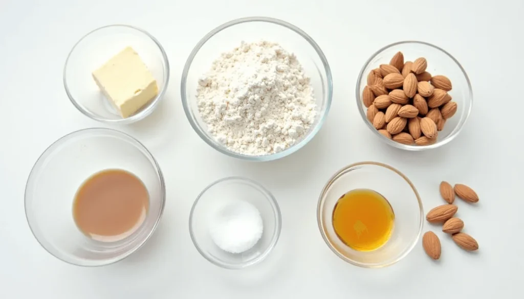 Ingredients for moon cookies including butter, flour, almonds, vanilla, and sugar, neatly arranged in glass bowls.