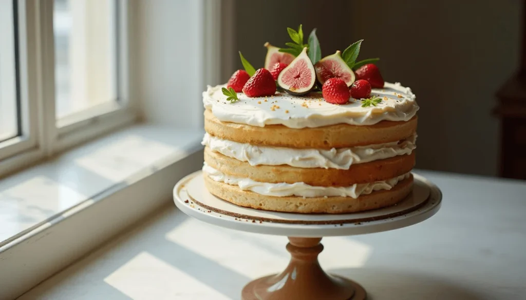 American nude vanilla cake decorated with fresh cream, strawberries, and figs
