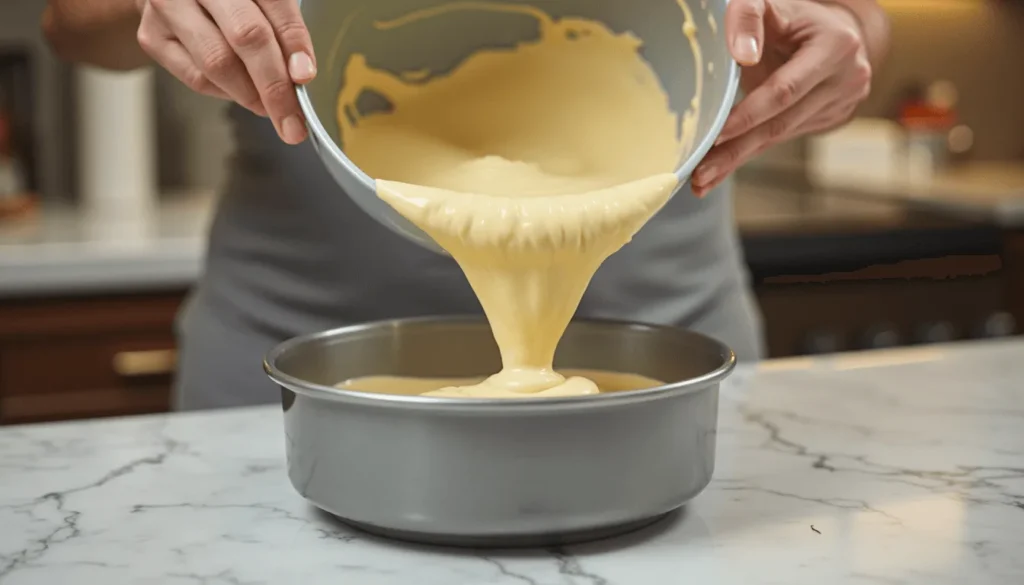 Pouring vanilla cake batter into a round baking pan