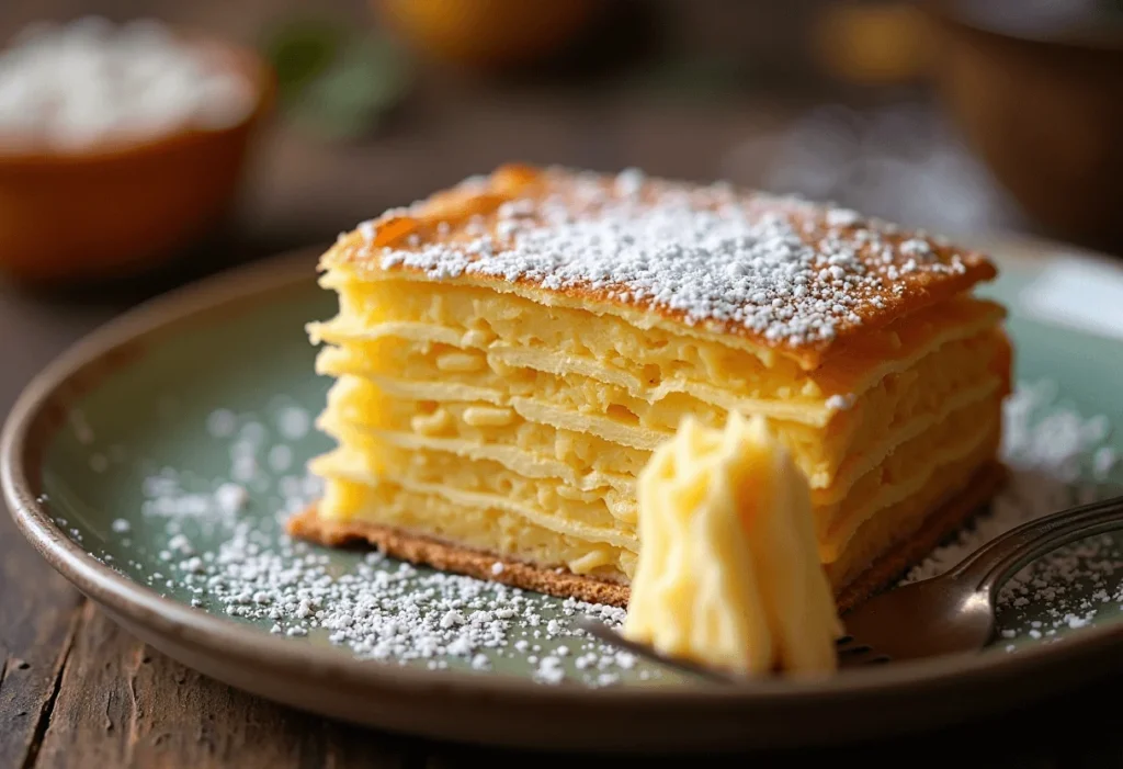 A finished Mexican Milhojas Cake recipe served on a rustic plate, showing crispy pastry layers and creamy filling