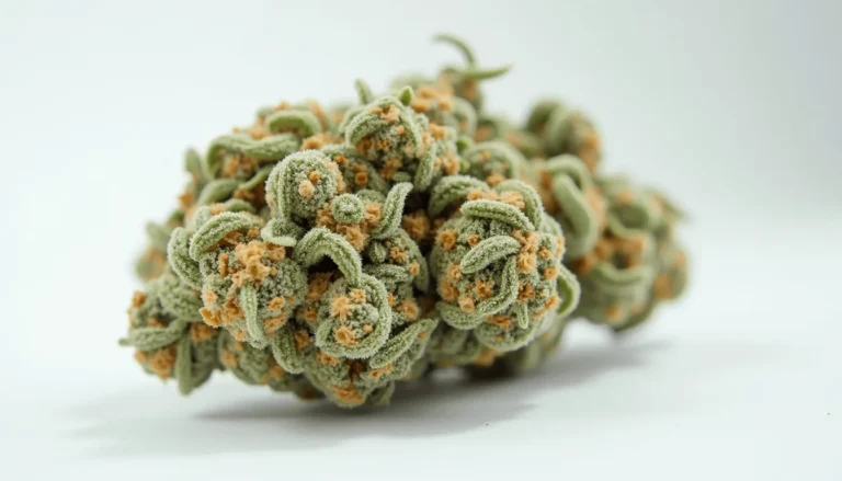 Close-up of Cream Smoothie Strain cannabis bud with frosty trichomes