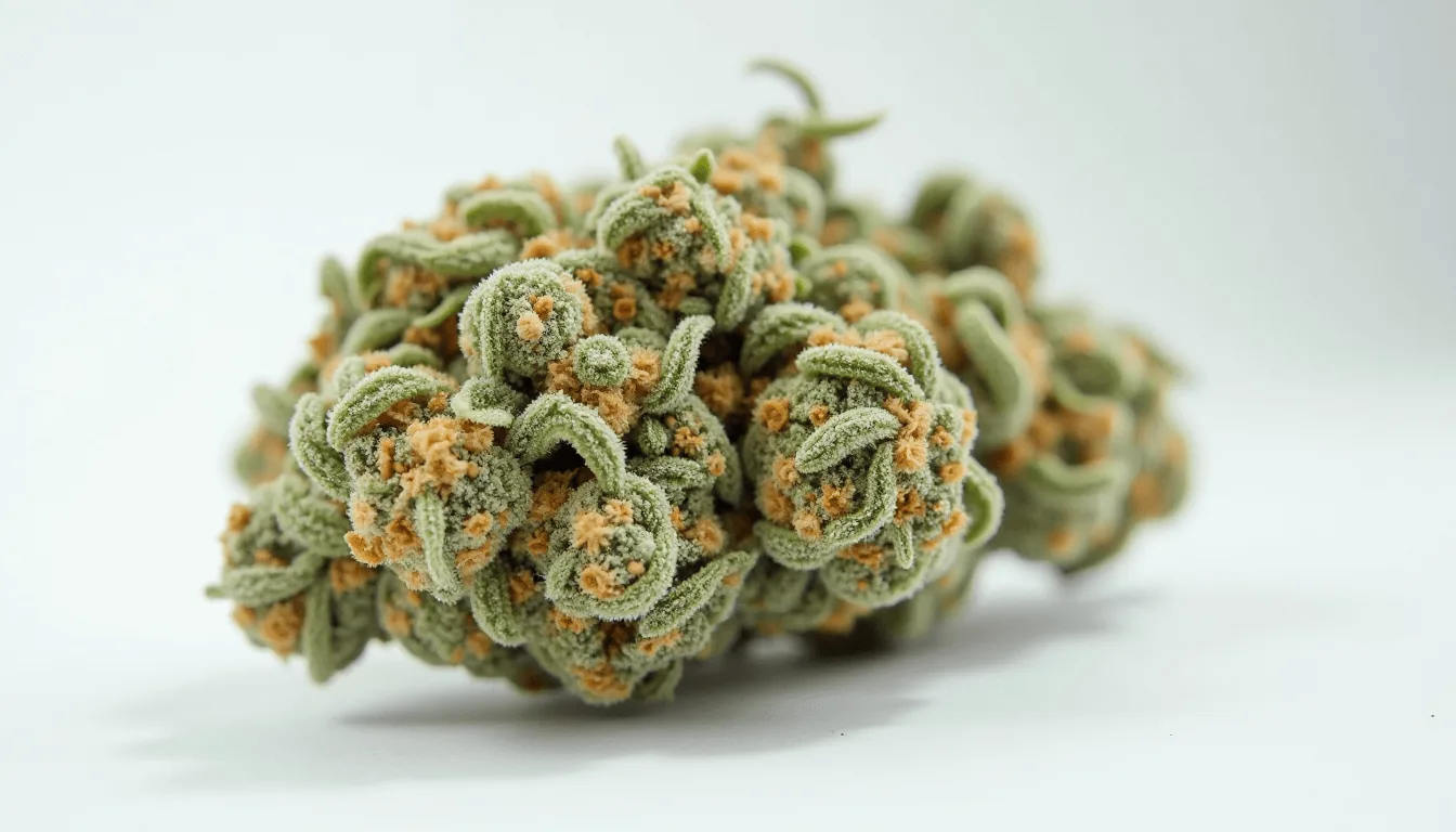 Close-up of Cream Smoothie Strain cannabis bud with frosty trichomes