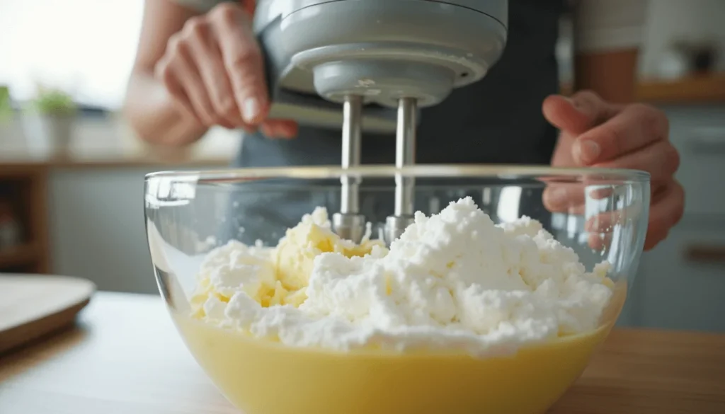 Creaming butter and sugar in a glass bowl for American vanilla cake recipe