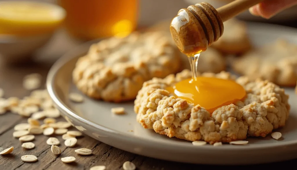 Honey-drizzled lemon oatmeal cookies on a plate with oat flakes.
