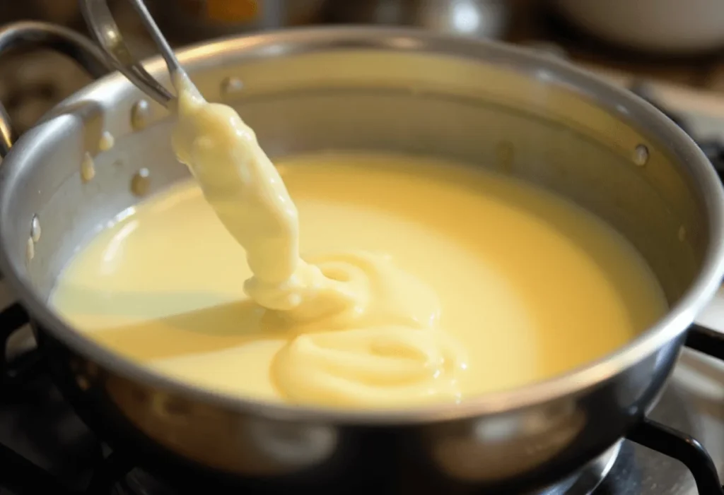 Thick vanilla custard prepared for filling Mexican Milhojas Cake