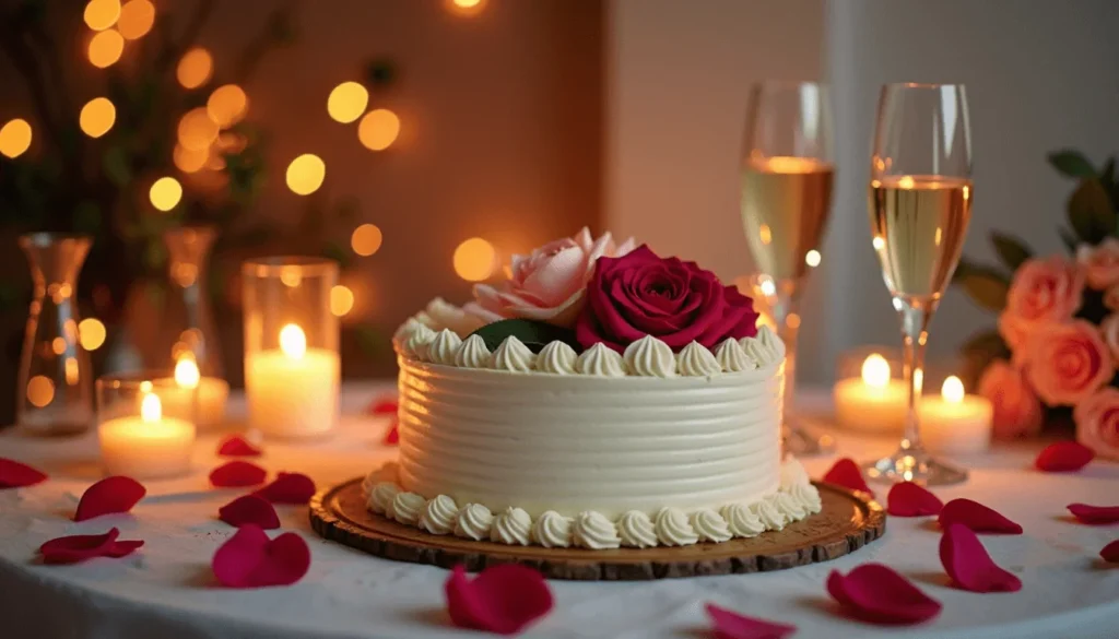 Romantic anniversary cake table setup with candles and roses