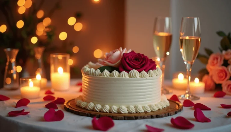 Romantic anniversary cake table setup with candles and roses