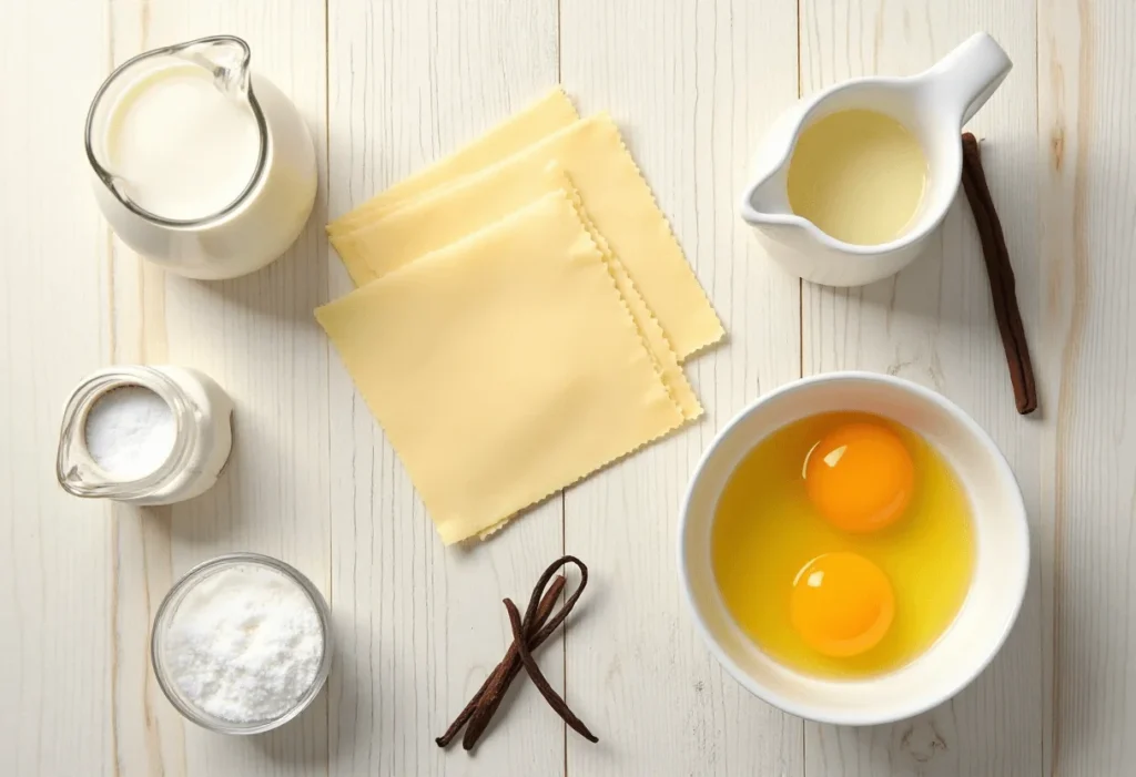Ingredients for Mexican Milhojas Cake laid out on a wooden table