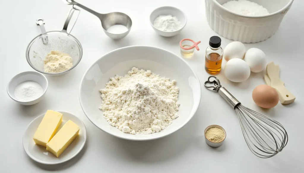 Ingredients for American vanilla cake recipe including flour, eggs, vanilla, and butter