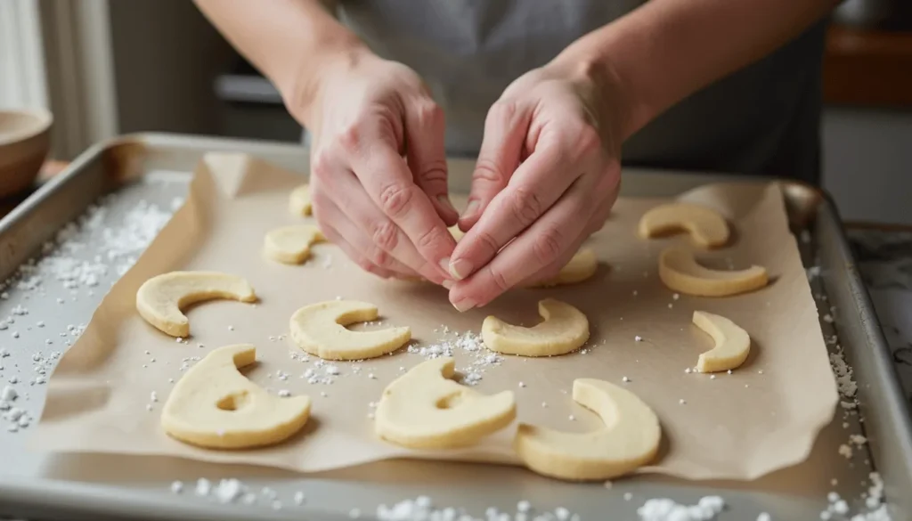 Shaping crescent moon cookies on baking paper with hands