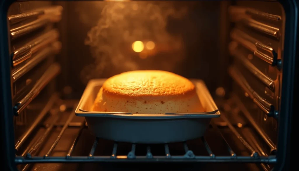 Vanilla cake rising in the oven during baking