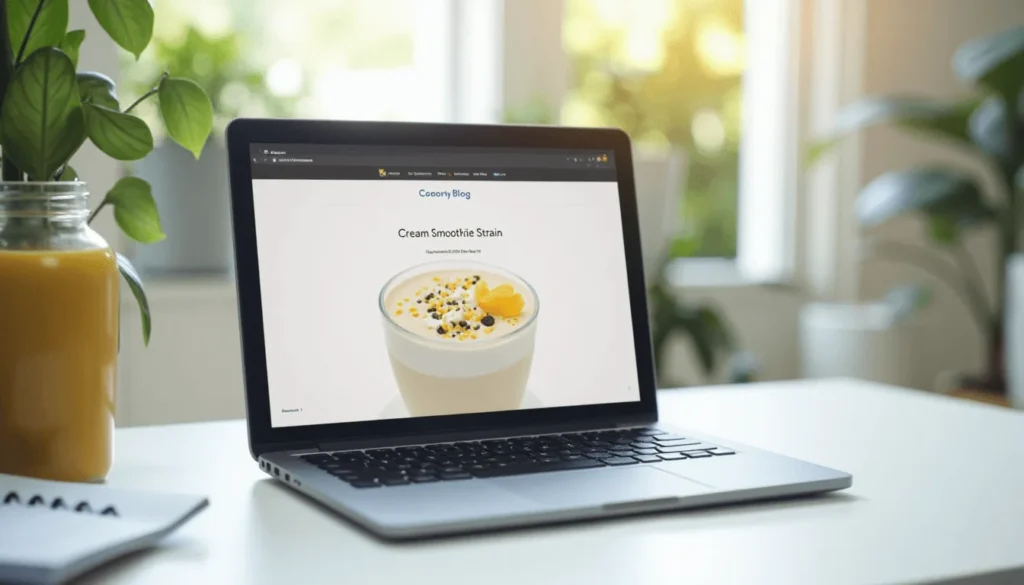 Blog page showing Cream Smoothie Strain article on laptop screen.