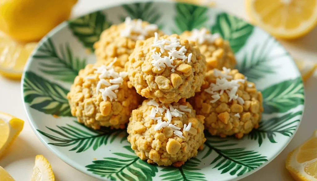 Lemon coconut oatmeal cookies with shredded coconut and lemon wedges.