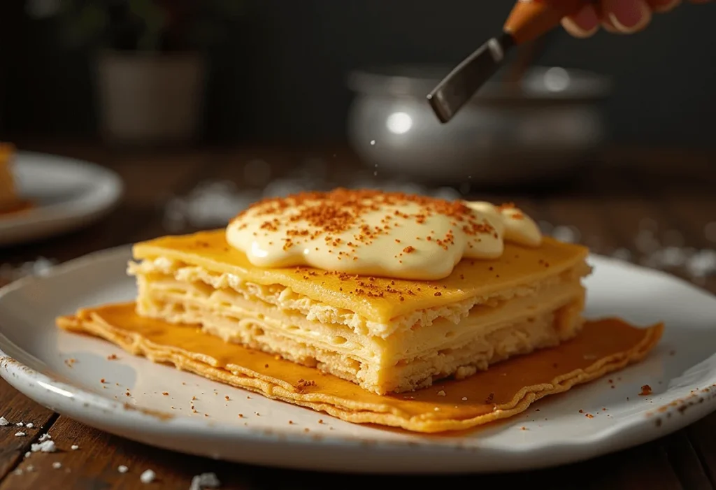 Assembling Mexican Milhojas Cake with puff pastry and custard layers