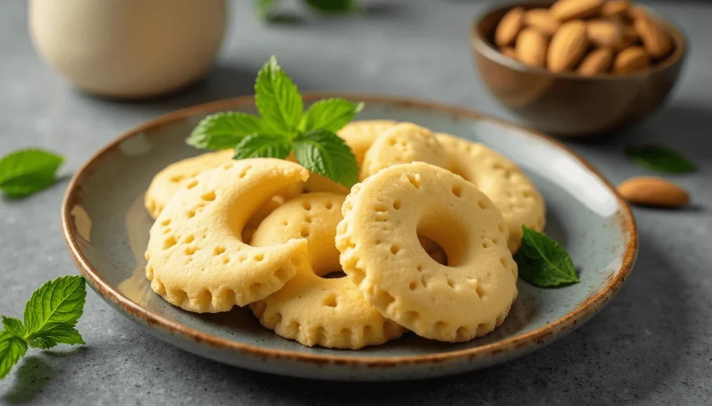 Moon cookies served on a plate with mint and almond garnish