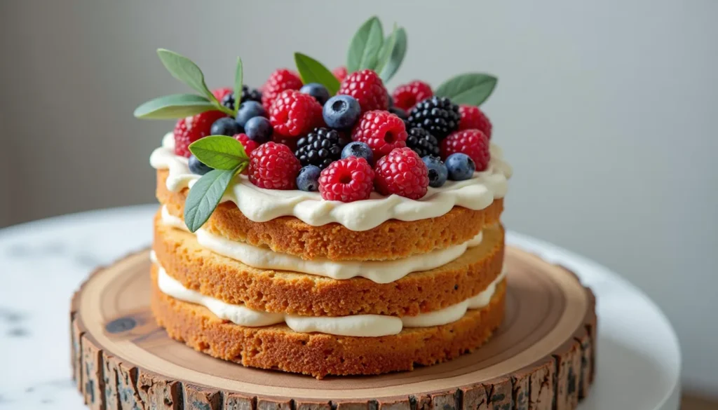 Rustic anniversary cake with berries and eucalyptus