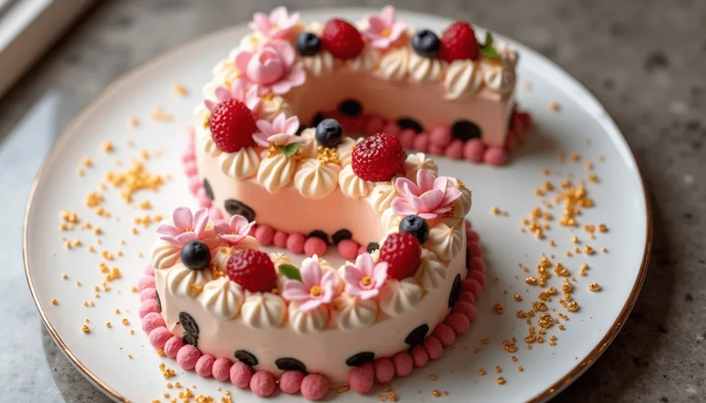 Anniversary number cake with cream, macarons, and fruit