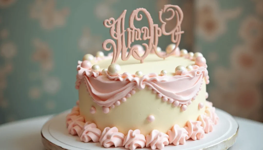 Retro anniversary cake with pastel colors and pearls