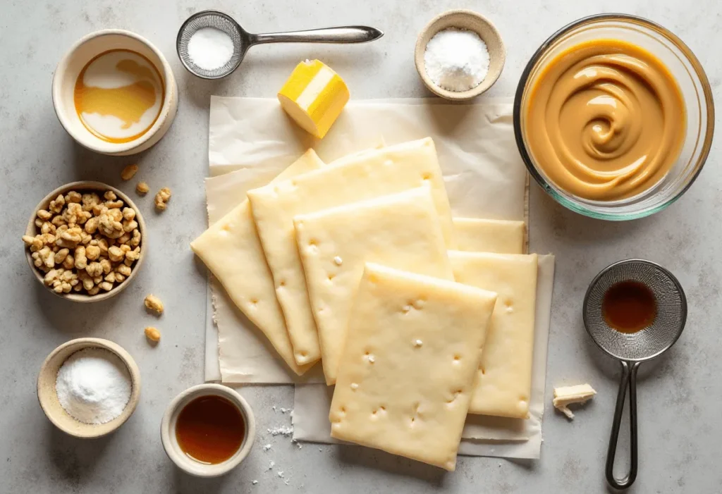 Ingredients for Milhojas Chile: puff pastry, dulce de leche, butter, powdered sugar, nuts, and vanilla extract arranged on a rustic table.