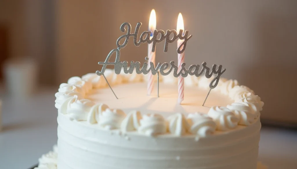 White frosted classic anniversary cake with topper