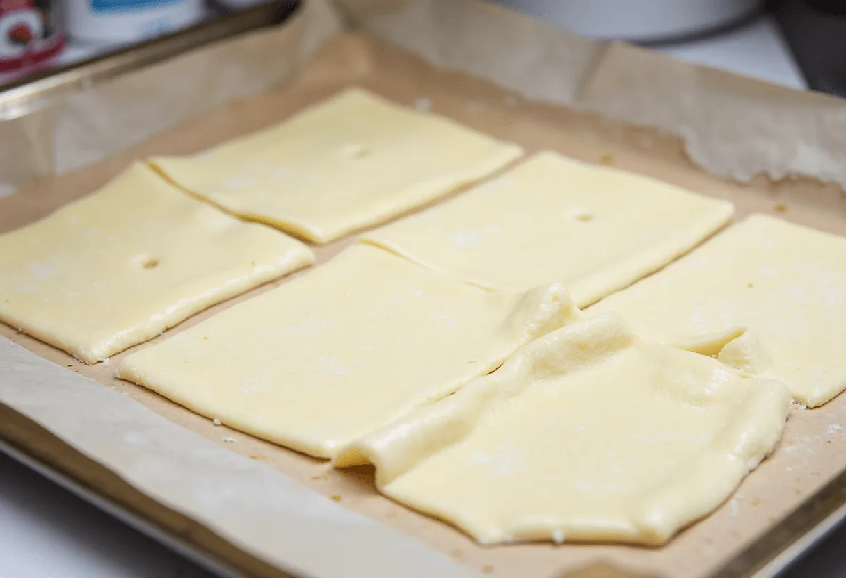 Raw puff pastry rectangles on a baking tray lined with parchment paper