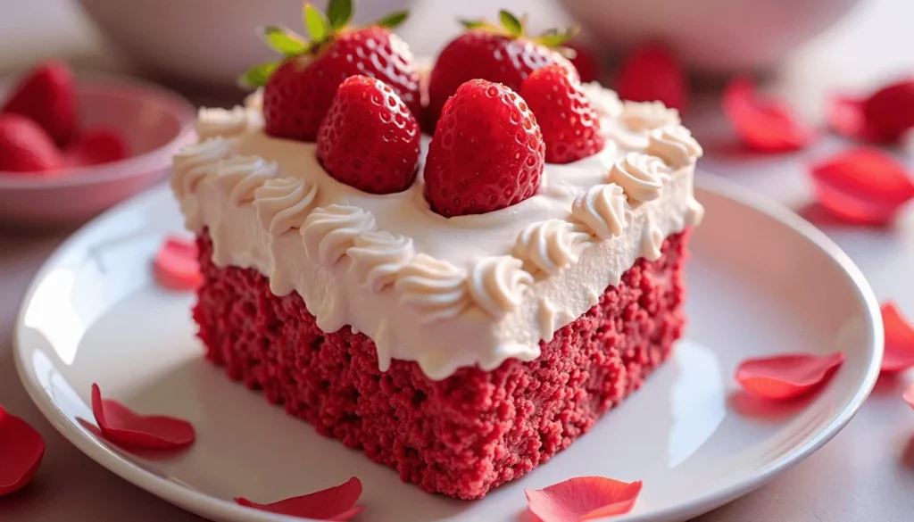 Red velvet heart-shaped anniversary cake with strawberries
