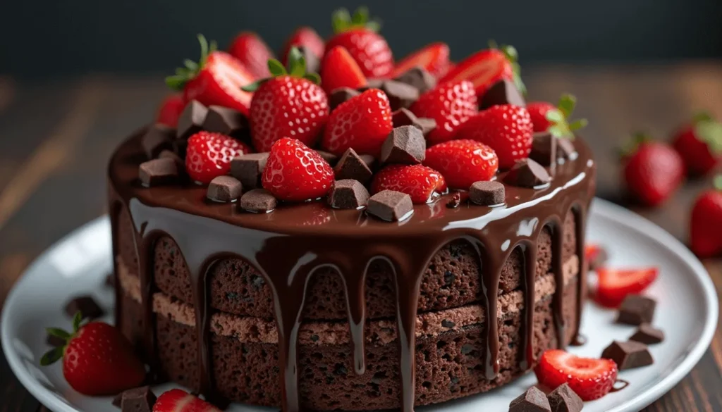 Chocolate anniversary cake with ganache and strawberries