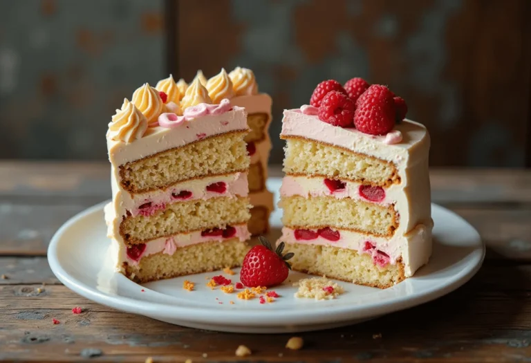 A thick slice of classic American cake with rich chocolate layers and buttercream frosting – a bold contrast in the American Cake vs French Cake debate