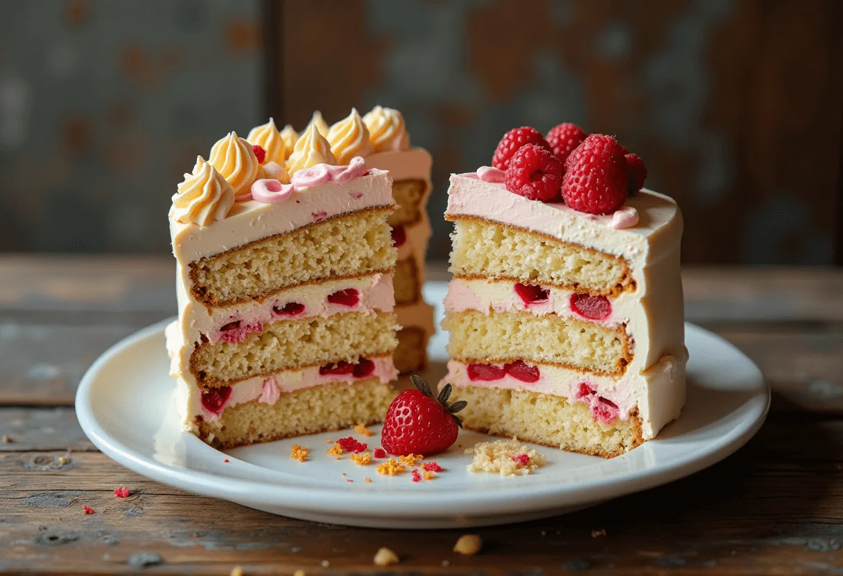 A thick slice of classic American cake with rich chocolate layers and buttercream frosting – a bold contrast in the American Cake vs French Cake debate
