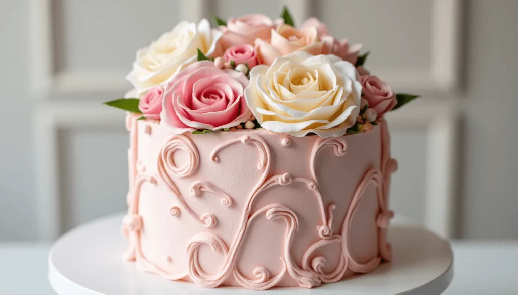 Buttercream floral anniversary cake with roses and peonies