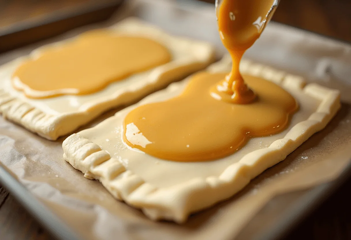 Spreading dulce de leche onto a baked puff pastry layer for milhojas cake  