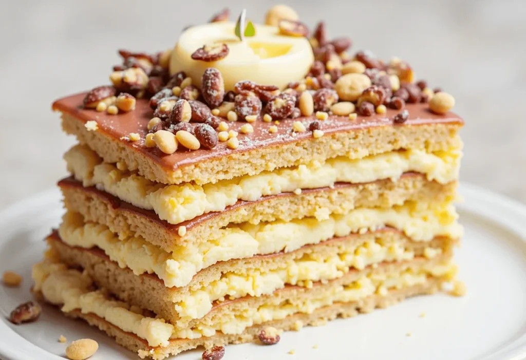 Milhojas cake with five visible layers of puff pastry and dulce de leche, dusted with powdered sugar