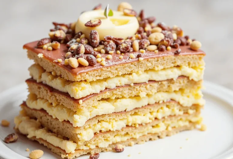 Milhojas cake with five visible layers of puff pastry and dulce de leche, dusted with powdered sugar