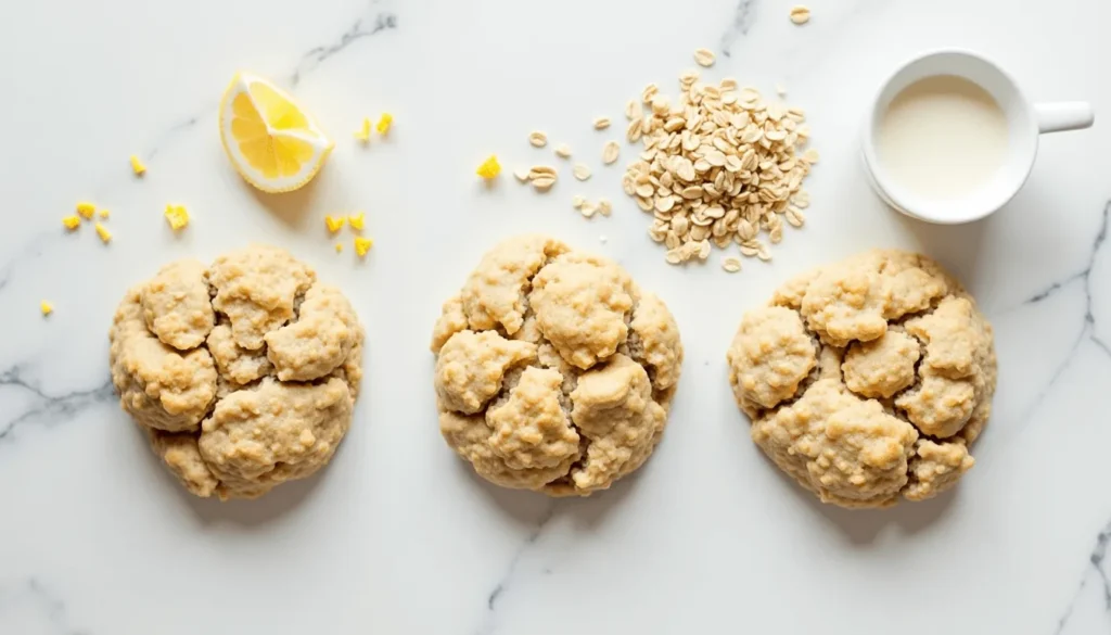 Simple 3-ingredient lemon oat cookies with lemon zest and oats on a marble surface.