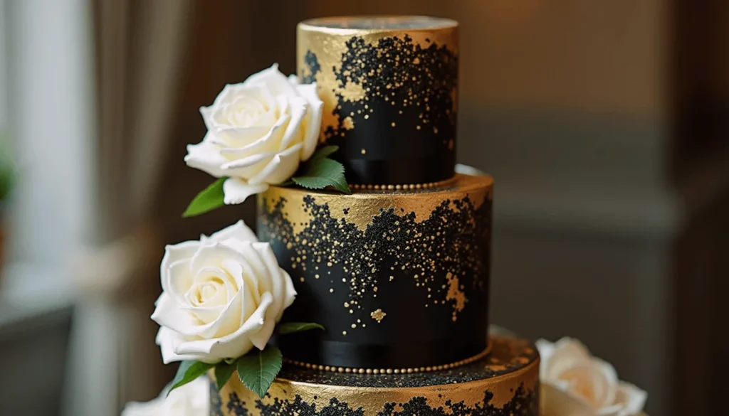 Elegant gold and black anniversary cake with roses