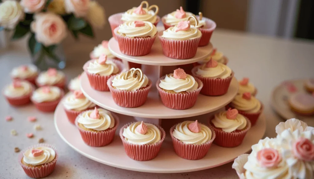 Tiered cupcake stand with romantic anniversary designs