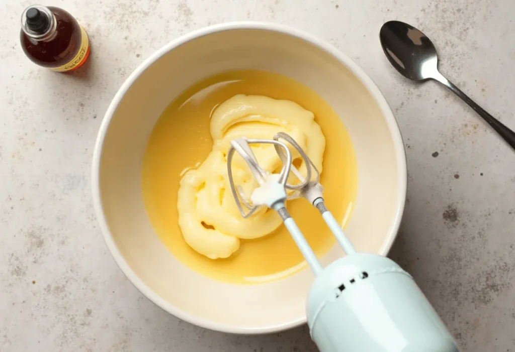 Mixing dulce de leche with butter to make the filling.