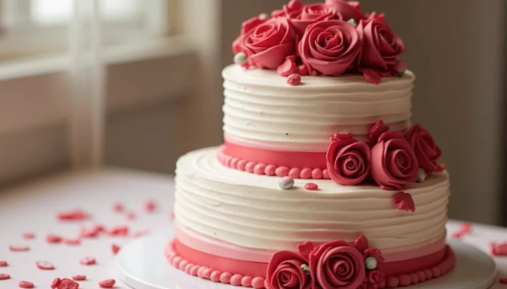 Red and white two-tier anniversary cake with roses