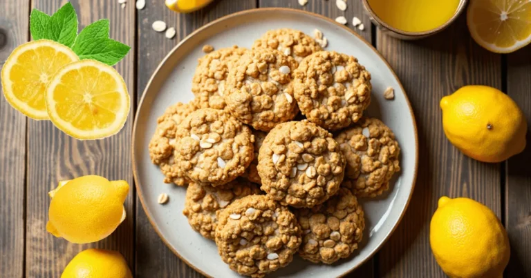 Top view of lemon oatmeal no bake cookies with fresh lemons and oats on a rustic table.