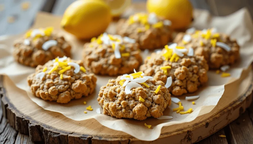 Vegan lemon oatmeal no bake cookies topped with coconut flakes and lemon zest.