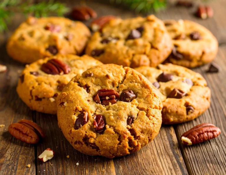 Freshly baked chocolate chip pecan cookies with golden brown edges, melted chocolate chips, and visible toasted pecans on parchment paper.