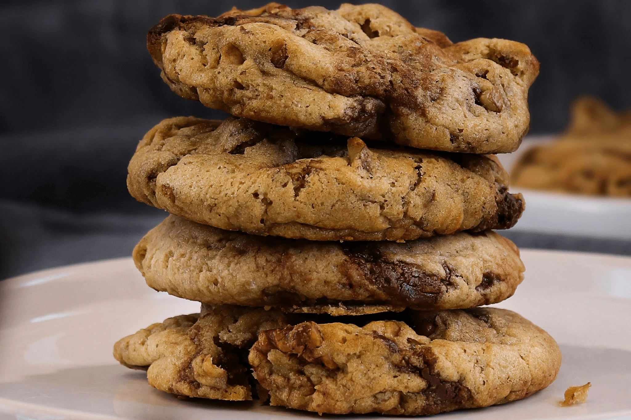 Close-up of freshly baked cookies in a bowl for Chocolate Chip Walnut Cookie Recipe