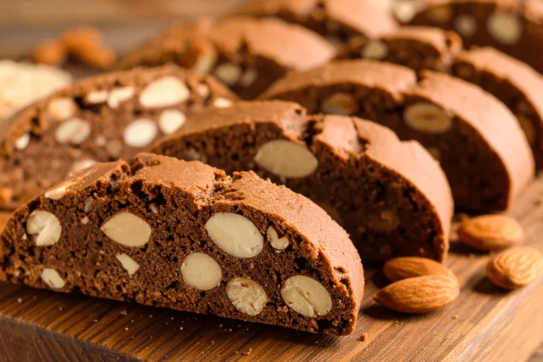 Close-up of Italian chocolate cookies served in a rustic bowl, showing rich texture and chocolate chunks.