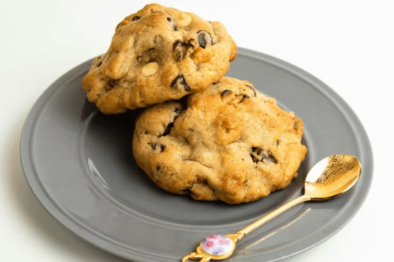 "Two soft and chewy Applesauce Chocolate Chip Cookies on a gray plate with a decorative spoon"